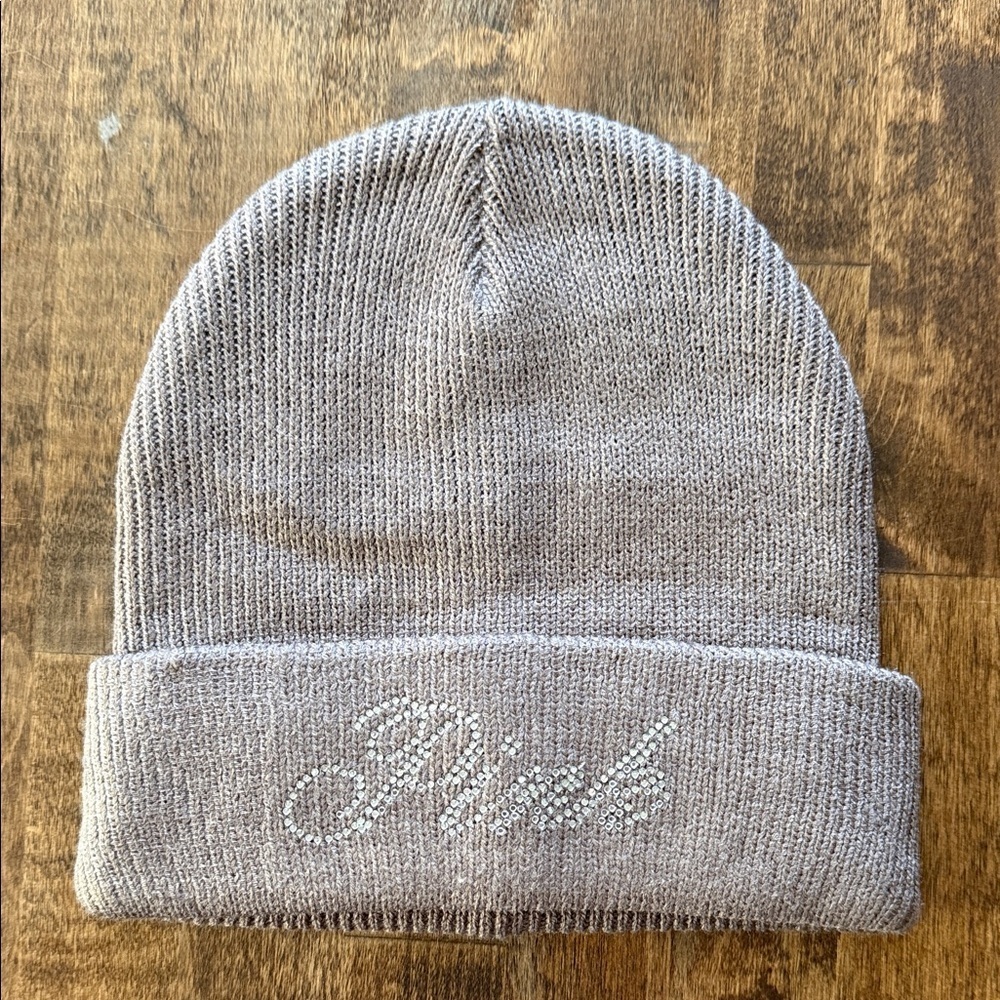 VS PINK Taupe Knit Beanie Sparke Embellished Logo